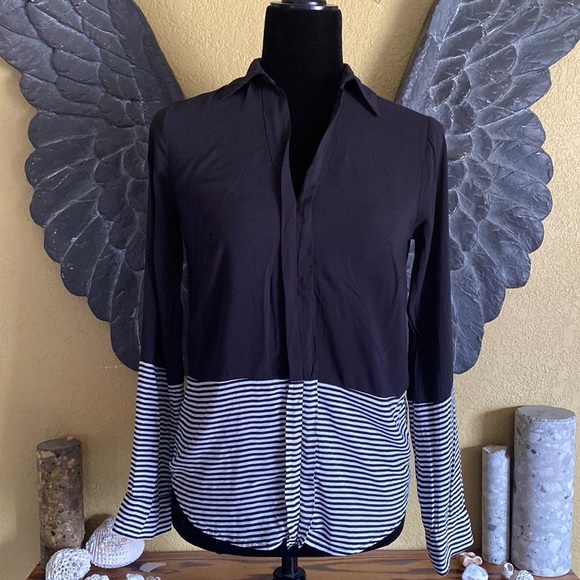 Splendid Black And White Striped V-neck Shirt Top Blouse - Picture 1 of 9